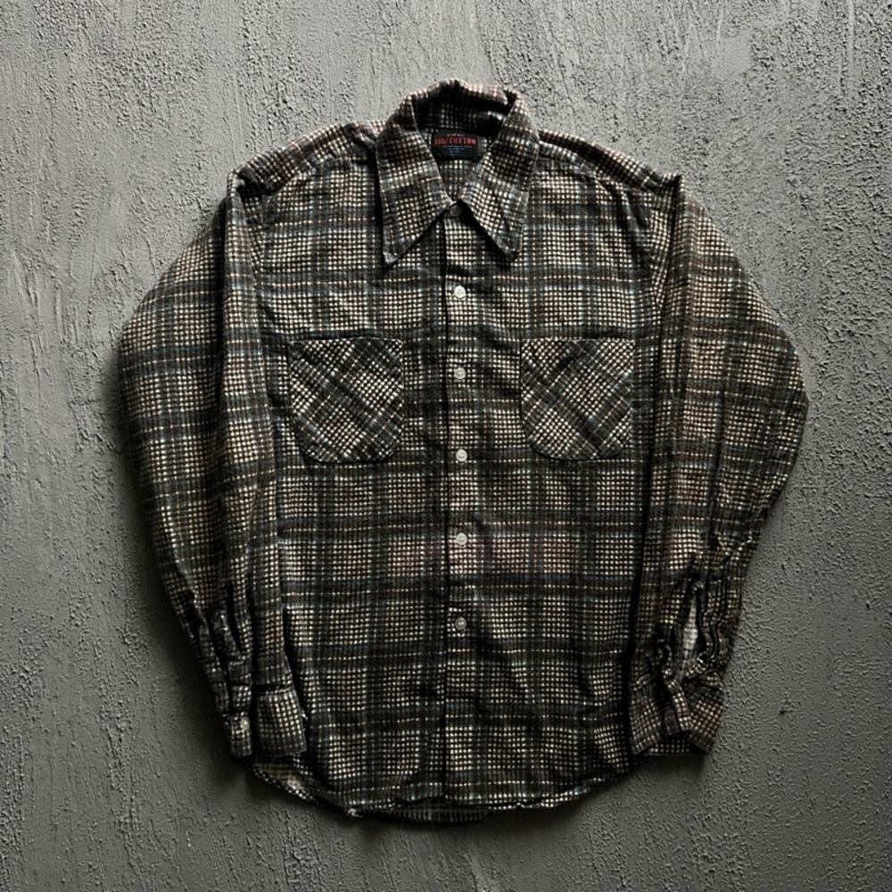Vintage Flannel Shirt Medium Brown 1970s Plaid Cotton Button Down